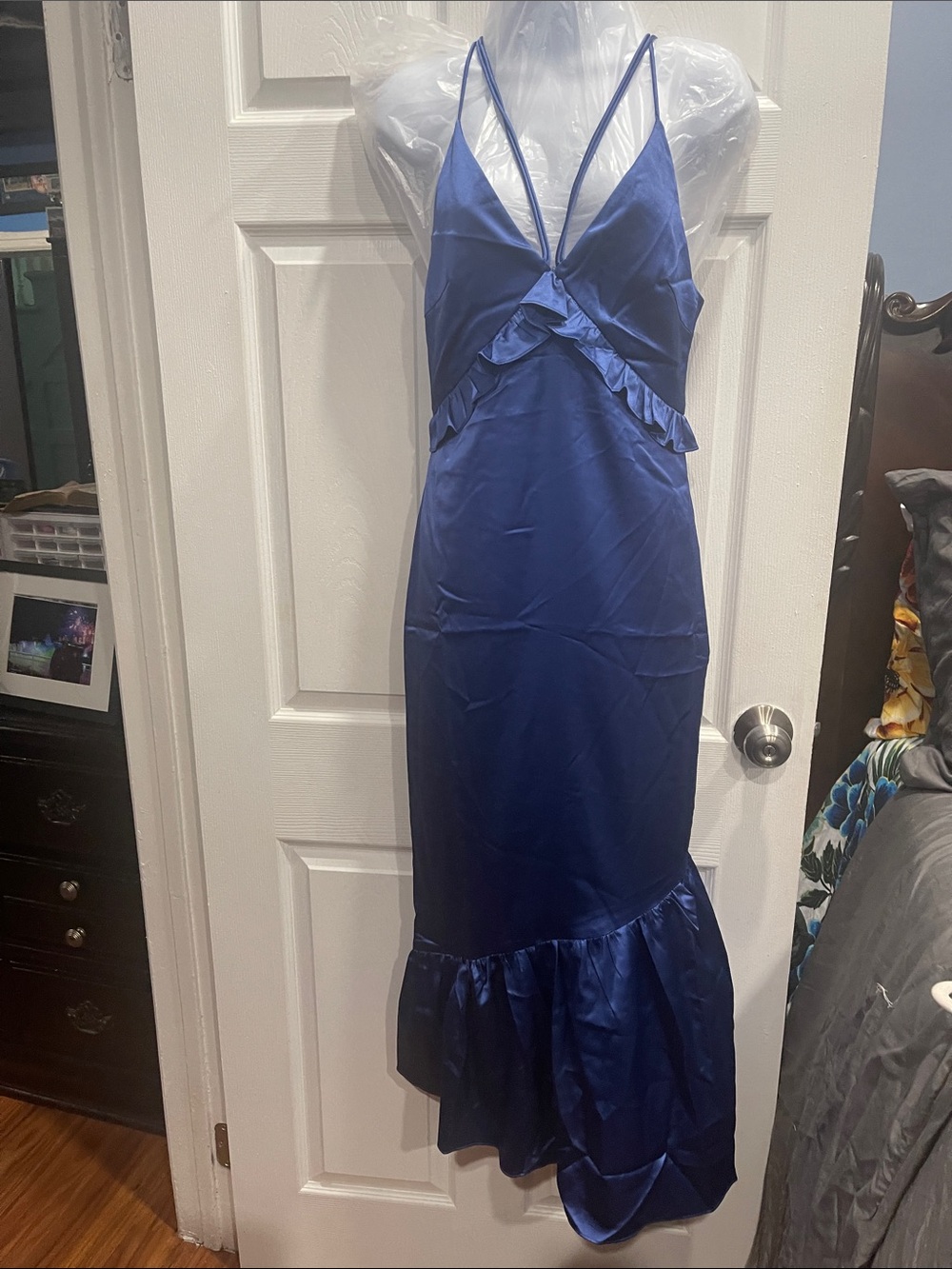 Deep Blue Satin Midi Slip Dress with Ruffle Trim